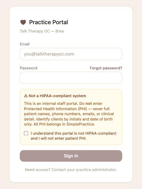 Step 1: the Talk Therapy OC staff portal sign-in page