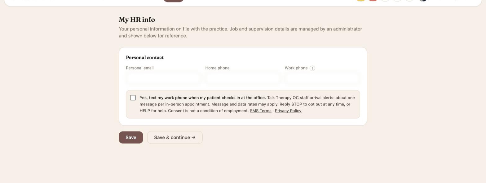 Step 2: My HR Info, showing the check-in text consent checkbox unchecked, with the full disclosure beside it